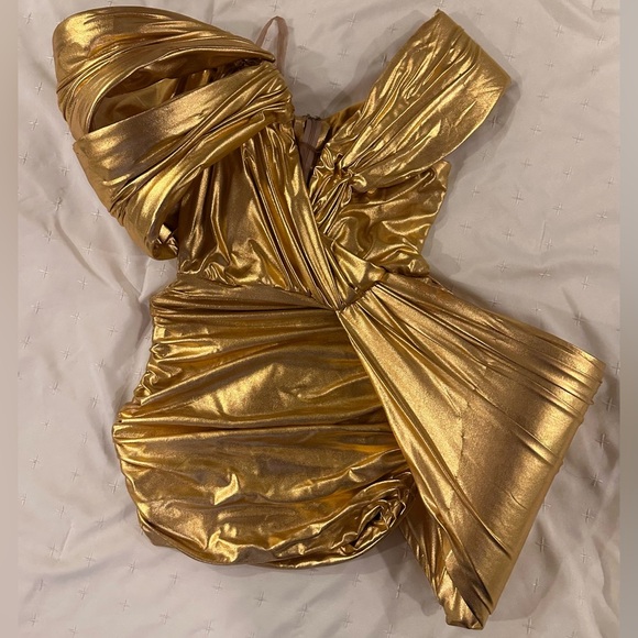 Gold Off-Shoulder Ruched Mini Dress - Picture 4 of 7